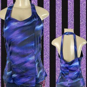 Swimsuit For All 14 Purple-Blue Splash Print Open Strap Back Swim Tankini Top